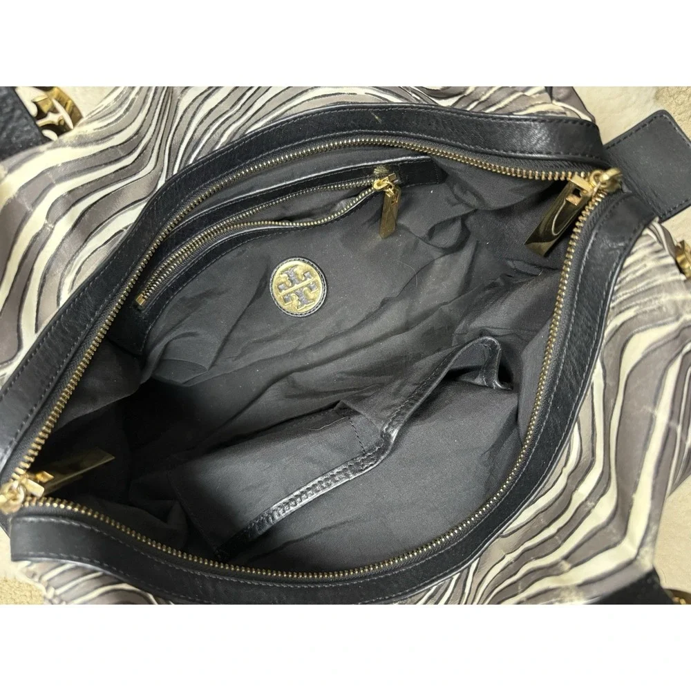 Tory Burch‎ Zebra Stripe Satchel Shoulder Bag Leather Trim Gold Logo Y2K Style